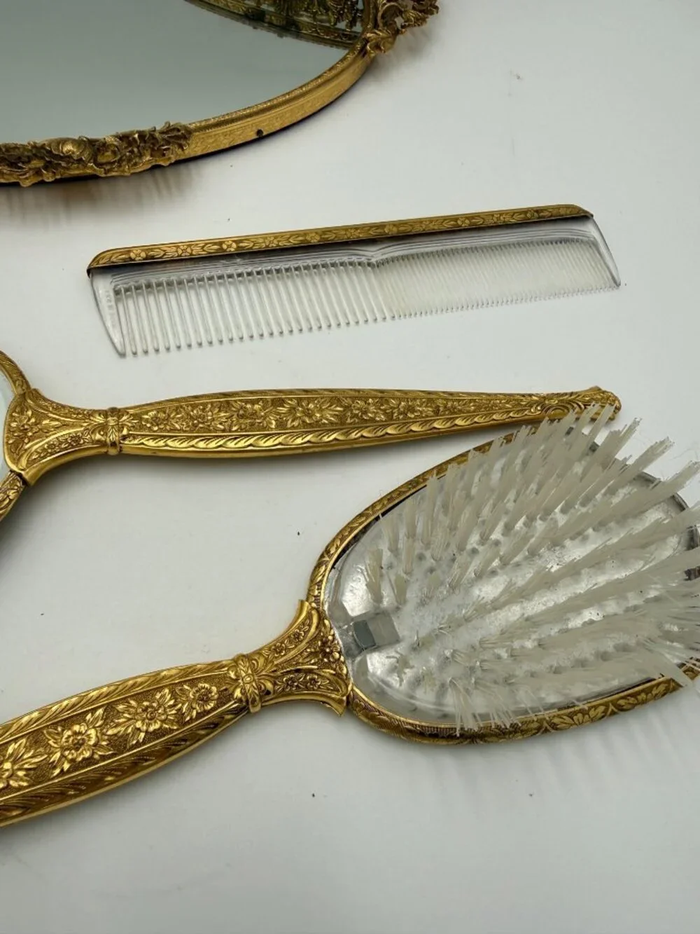 Vintage Gold Vanity Set With Hand Mirror Comb Brush Tray Jewelry Box & Small Fra